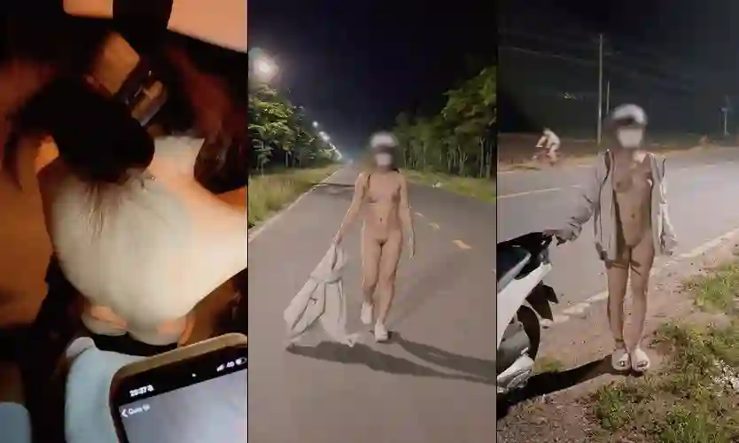 Em gái phô dâm bướm múp lột đồ giữa đường đi dạo